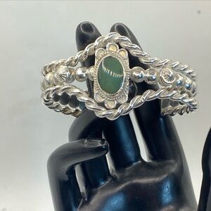 Sterling silver twist cuff bracelet with green jade vintage Navajo